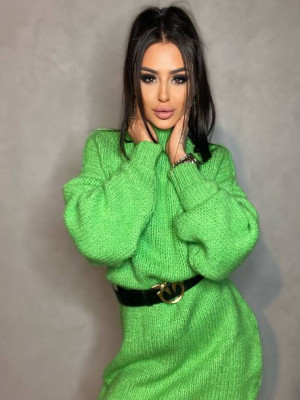 Luźna Sukienka Sweter z Golfem FLUFFY Jasny Zielony Uniwersalny