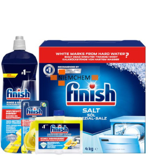 Finish Zestaw do Zmywarki LEMON: Sól 4kg, Zapach, Czyścik, Nabłyszczacz 800