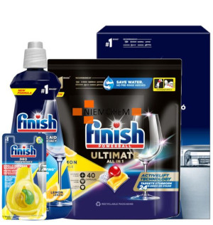 Finish Zestaw do Zmywarki: Powerball Ultimate Lemon Kapsułki 40szt, Sól 1,5