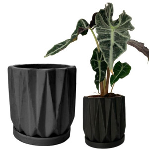 Doniczka ceramiczna czarna z podstawką doniczki