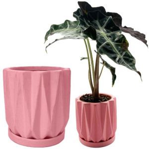 Doniczka różowa ceramiczna z podstawką do domu