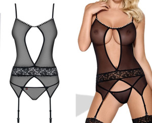 OBSESSIVE 812-COR-1 GORSET i Stringi Czarny S/M