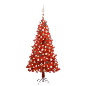Sztuczna choinka z LED i zestawem bombek, czerwona, 120 cm, PVC