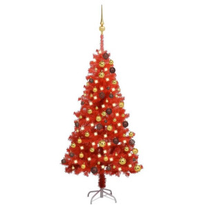 Sztuczna choinka z LED i zestawem bombek, czerwona, 120 cm, PVC