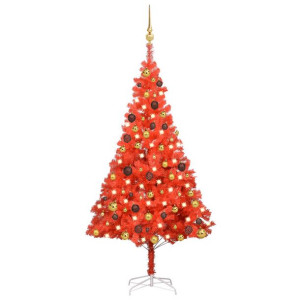 Sztuczna choinka z LED i zestawem bombek, czerwona, 150 cm, PVC