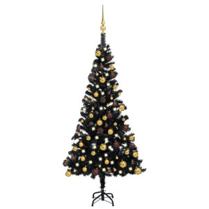 Sztuczna choinka z LED i bombkami, czarna, 120 cm, PVC