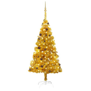 Sztuczna choinka z LED i bombkami, złota, 180 cm, PET
