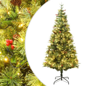 Choinka z lampkami LED i szyszkami, zielona, 195 cm, PVC i PE