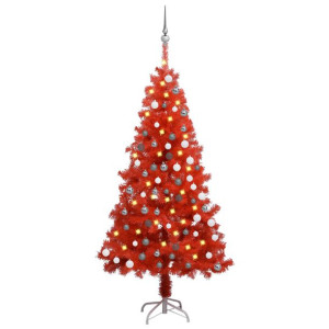 Sztuczna choinka z LED i zestawem bombek, czerwona, 150 cm, PVC