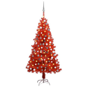Sztuczna choinka z LED i zestawem bombek, czerwona, 120 cm, PVC