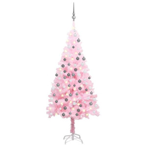 Sztuczna choinka z LED i bombkami, różowa, 120 cm, PVC
