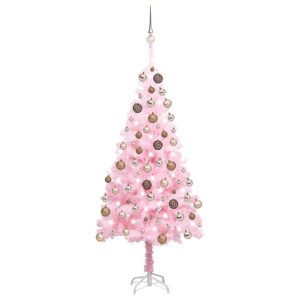 Sztuczna choinka z LED i bombkami, różowa, 120 cm, PVC