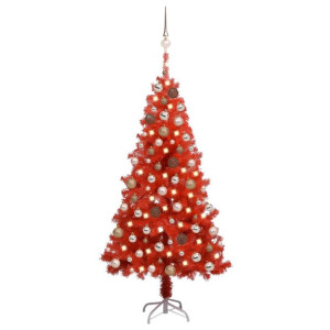 Sztuczna choinka z LED i zestawem bombek, czerwona, 150 cm, PVC