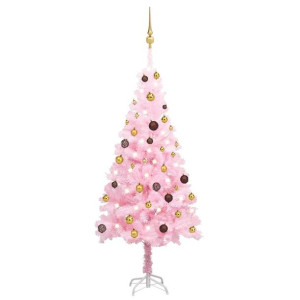 Sztuczna choinka z LED i bombkami, różowa, 150 cm, PVC