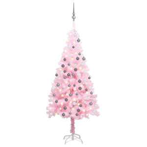 Sztuczna choinka z LED i bombkami, różowa, 150 cm, PVC