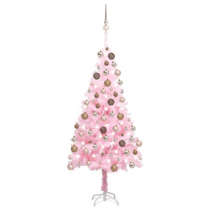 Sztuczna choinka z LED i bombkami, różowa, 150 cm, PVC