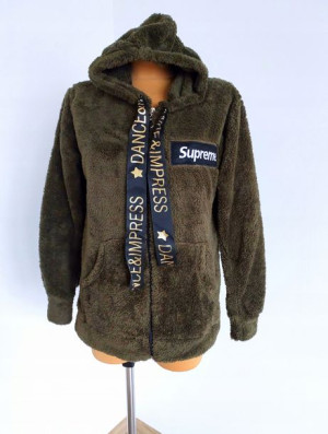 Khaki Pluszowa Damska Rozpinana Bluza Kaptur M