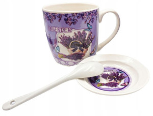 Zestaw Kubek +pokrywka+łyżeczka Porcelana Lawenda