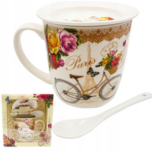 Zestaw Kubek +pokrywka+łyżeczka Porcelana Lawenda