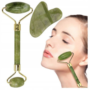 Masażer Do Twarzy Kamień Gua Sha + Wałek Jadeitowy