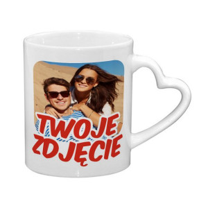 Kubek z Twoim zdjęciem, grafiką, tekstem- uchwyt serce, biały.
