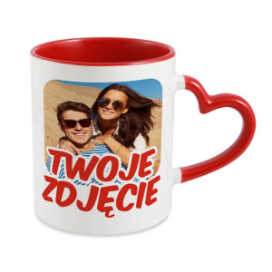 Kubek z Twoim zdjęciem, grafiką, tekstem- uchwyt serce, czerwony.