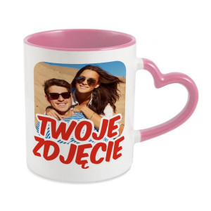 Kubek z Twoim zdjęciem, grafiką, tekstem- uchwyt serce, różowy.