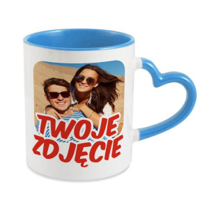 Kubek z Twoim zdjęciem, grafiką, tekstem- uchwyt serce, niebieski.