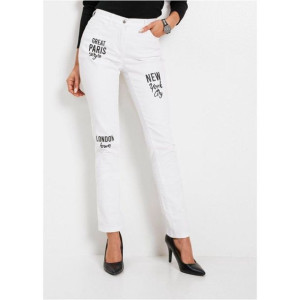 Bonprix Białe Spodnie Jeansowe Nadruk Napisy Rurki Skinny Jeansy 50-52 9285
