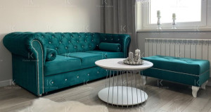 Sofa Chesterfield pikowana kryształkami GLAMOUR kanapa rozkładana turkus