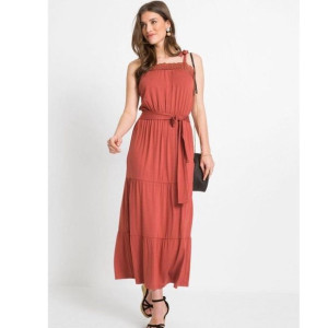 Bonprix Długa Sukienka Falbany Koronka Maxi Boho Terakota 32-34 937258