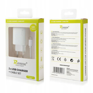 Ładowarka sieciowa 2xUSB + KABEL USB TYP C 1M 2.1A