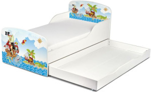 Drewniane łóżko z materacem i szufladą 140/70 cm Motyw: Piraci