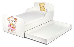 Białe łóżko drewniane z materacem i szufladą 140/70 cm Motyw: Misie