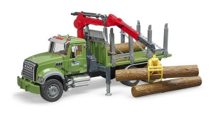 MACK Granite z dźwigiem przyczepą i pniami