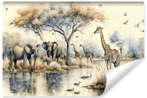 Fototapeta Ścienna ZWIERZĘTA Akwarela Pejzaż Ptaki Afryka 90cm x 60cm