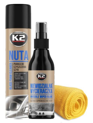 K2 ZESTAW Niewidzialna wycieraczka 150ml + Pianka do szyb + Mikrofibra