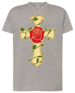 Krzyż z różą męski modny t-shirt Nadruk Rozm.4XL