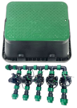 5 sekcji elektrozaworów Rain Bird w skrzynce Jumbo