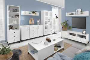 Zestaw Mebli do Salonu Pokoju + Oświetlenie LED BREVA Biały Połysk