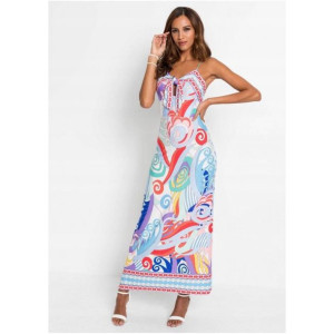 Bonprix Kolorowa Długa Prosta Sukienka Wzór Wycięcie Maxi 32-34 935147