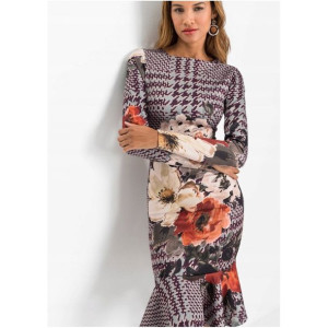 Bonprix Kolorowa Ołówkowa Sukienka W Kwiaty W Pepitkę Falbana 32-34 951538