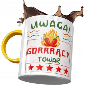Kubek Żółty Śmieszny Uwaga Gorrrący Towar Prezent