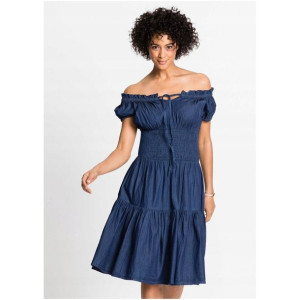 Bonprix Rozkloszowana Jeansowa Sukienka Falbany Carmen Midi 42-44 904597