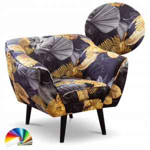 Fotel tapicerowany Poly  Monstera GOLD liście wzory w stylu skandynawskim