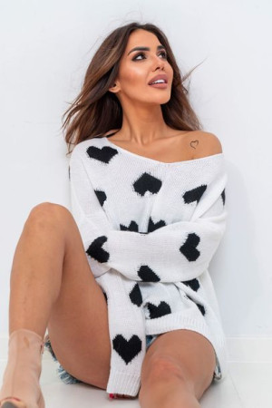 Sweter damski Serca biały/czarny UNI