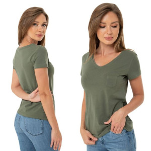 T-shirt Damski Z Kieszonką Klasyczny Khaki S