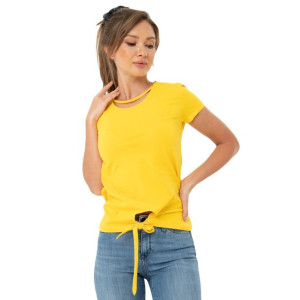 T-shirt Damski Z Ozdobnym Wiązaniem Żółty XL