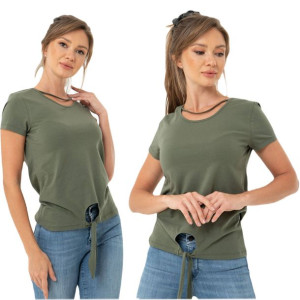 T-shirt Damski Z Ozdobnym Wiązaniem Khaki S