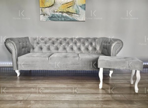 Sofa Chesterfield pikowana z podnóżkiem pufa ZESTAW Szary wysokie nogi
